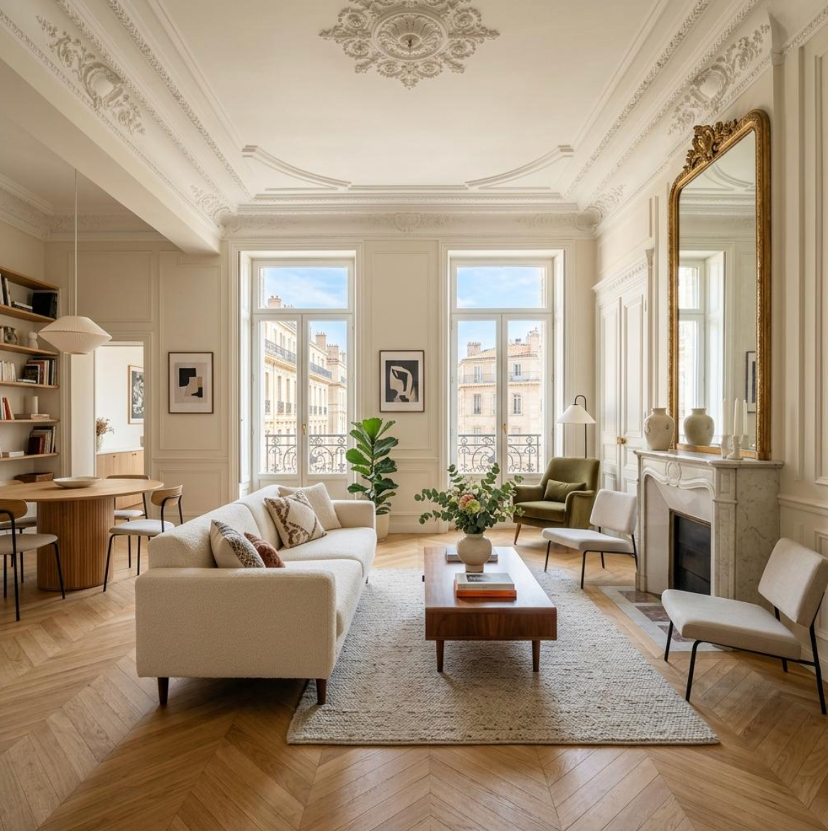 Salon parisien lumineux avec moulures, parquet et cheminée